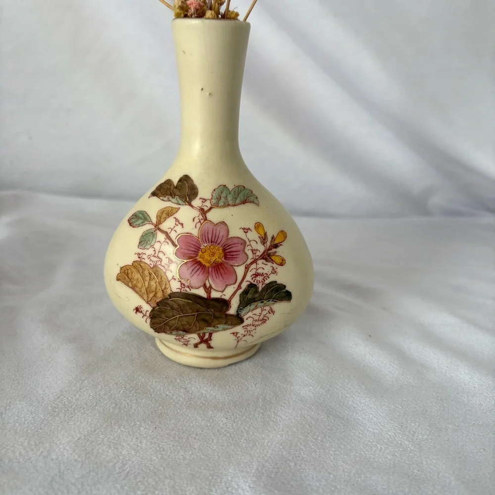 Vintage ceramic handmade painted floral vase gilded gold home decor cream
